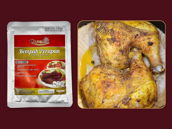 Pek Rempah Perapan Ayam dan Daging di sebelah contoh ayam yang sudah dimasak