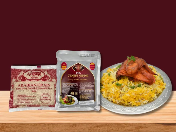Set Pes Yemeni Mendhi: pek pes, beras Arabian Grain dan contoh hidangan