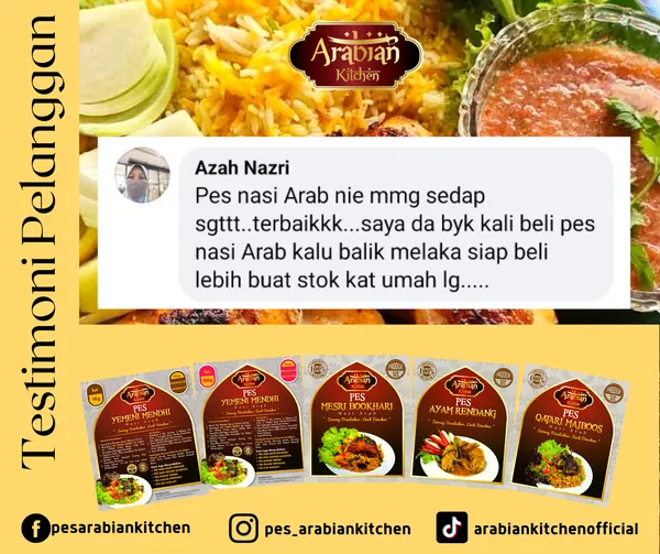 Grafik testimoni: komen Facebook pelanggan Azah Nazri tentang pes nasi arab Arabian Kitchen