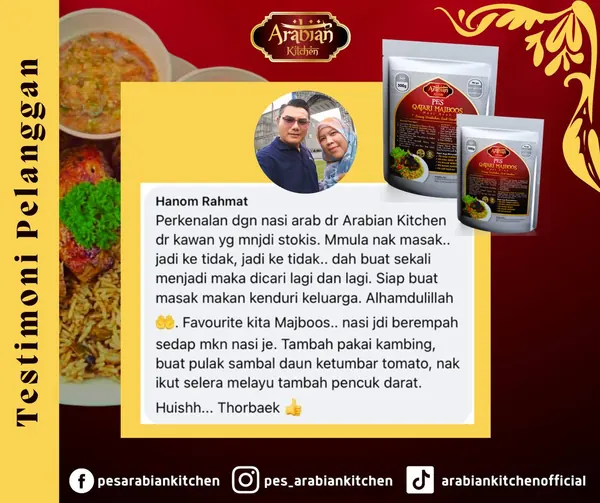 Grafik testimoni: komen Facebook pelanggan Hanom Rahmat tentang Pes Qatari Majboos