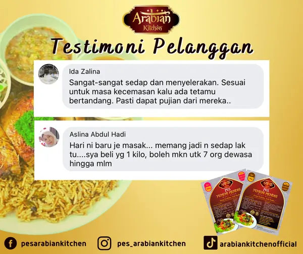Grafik testimoni: komen Facebook pelanggan Ida Zalina dan Aslina Abdul Hadi tentang pes nasi arab Arabian Kitchen