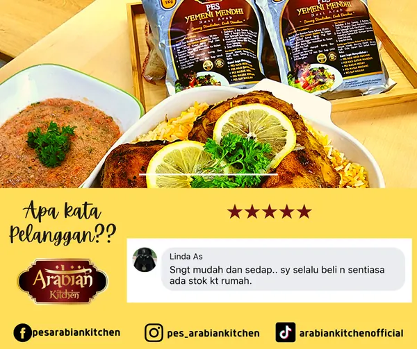 Grafik testimoni: komen Facebook pelanggan Linda As bersama hidangan nasi Yemeni Mendhi
