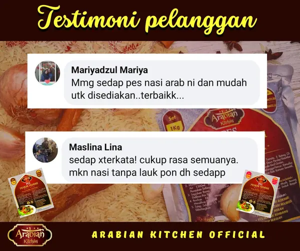 Grafik testimoni: komen Facebook pelanggan Mariyadzul Mariya dan Maslina Lina