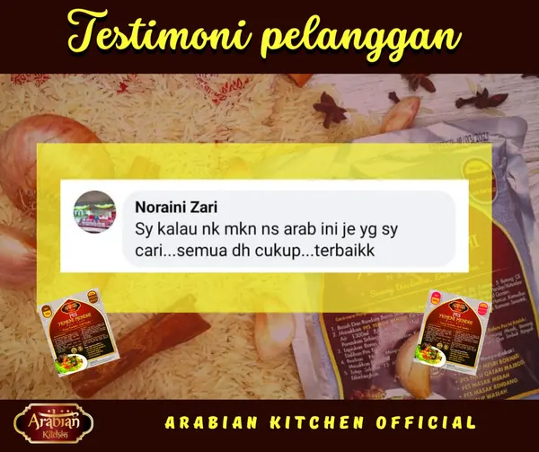 Grafik testimoni: komen Facebook pelanggan Noraini Zari