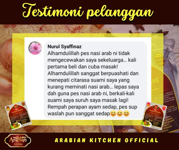 Grafik testimoni: komen Facebook pelanggan Nurul Syaffinaz