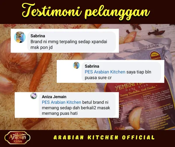 Grafik testimoni: komen Facebook pelanggan Sabrina dan Aniza Jemain