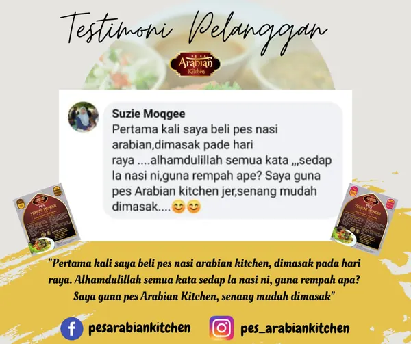 Grafik testimoni: komen Facebook pelanggan Suzie tentang nasi arab pada hari raya